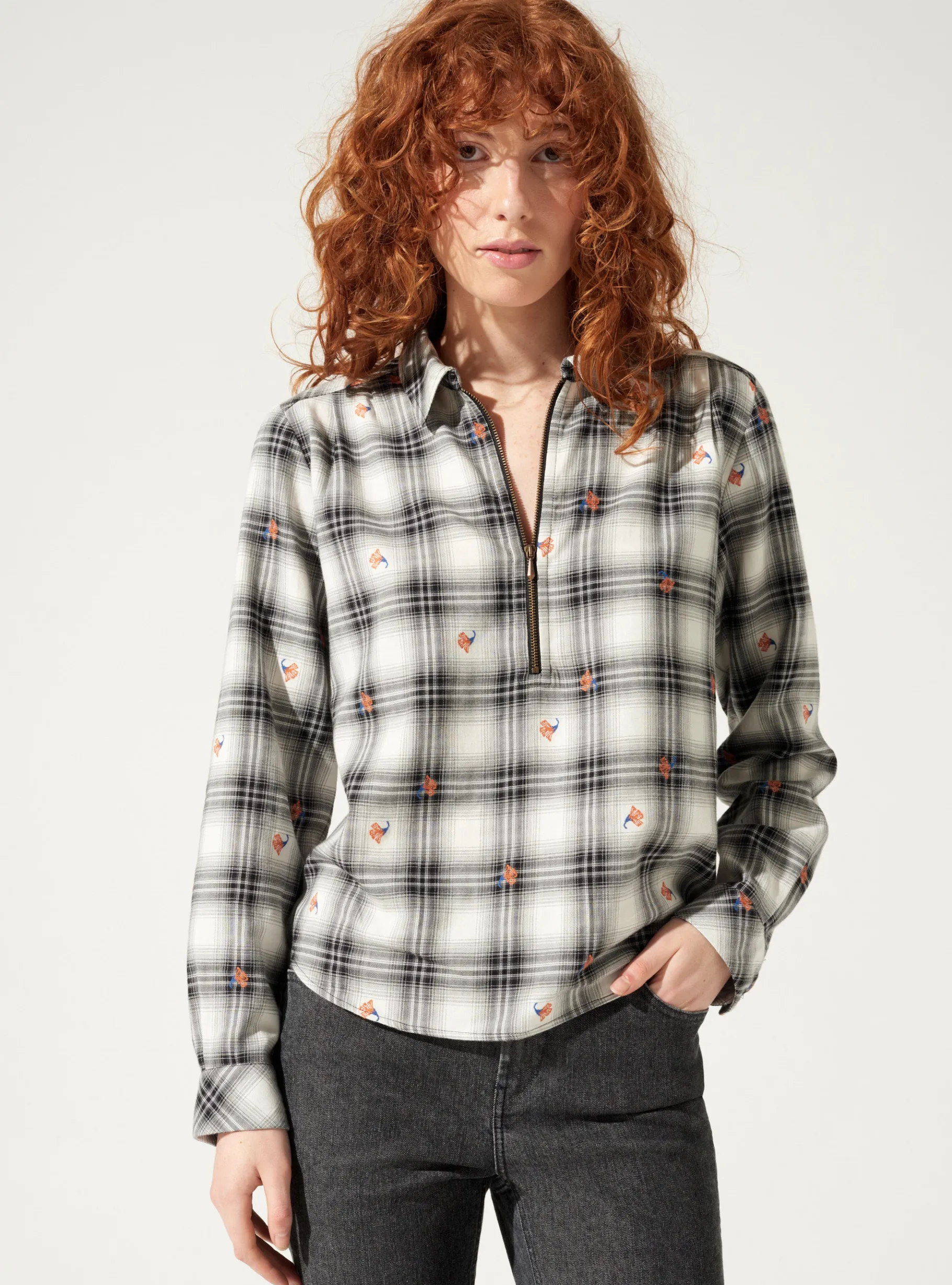 Cotélac Hauts*Blouse zippée Carreaux Gris